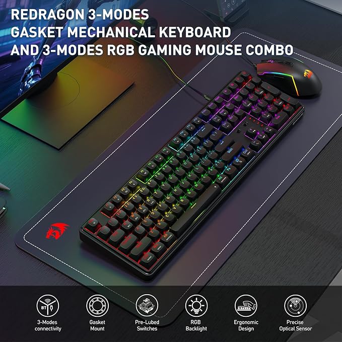 Redragon S163 3-Mode Wilreess Gaming Keyboard & Mouse Combo, 108 Keys K689 PRO RGB Gasket Keyboard and 8000 DPI M693 Gaming Mouse Bundle, Convenient Shared Dongle