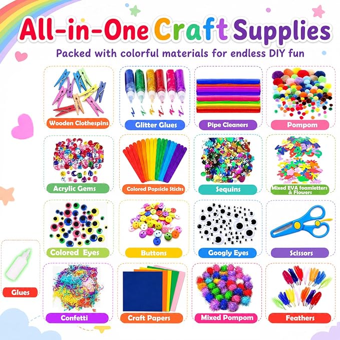 FUNZBO Arts and Crafts Supplies for Kids - Kindergarten School Craft Kit | with Glitter Glue Stick, Glue, Pipe Cleaners Craft and Kids' Scissor, Birthday Gifts for Toddler Girls Boys Age 4+