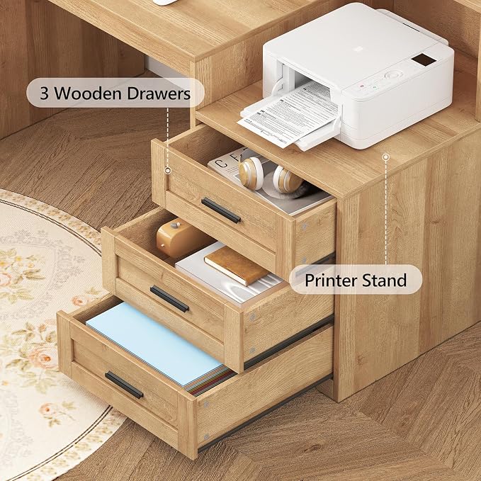 65" Farmhouse Computer Desk with Drawers and Printer Stand for Home Office | Office Desk with Power Outlets and Storage Cabinet, Study Writing Desks with Long Monitor Stand, Oak