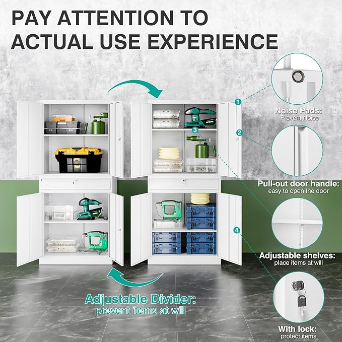 White Metal Storage Cabinet with Drawer and Locks,Garage Storage Cabinet with Locking Doors and Adjustable Shelves,71" Tall Large Metal Cabinets with Magnetic Door for Home,Office,Garage
