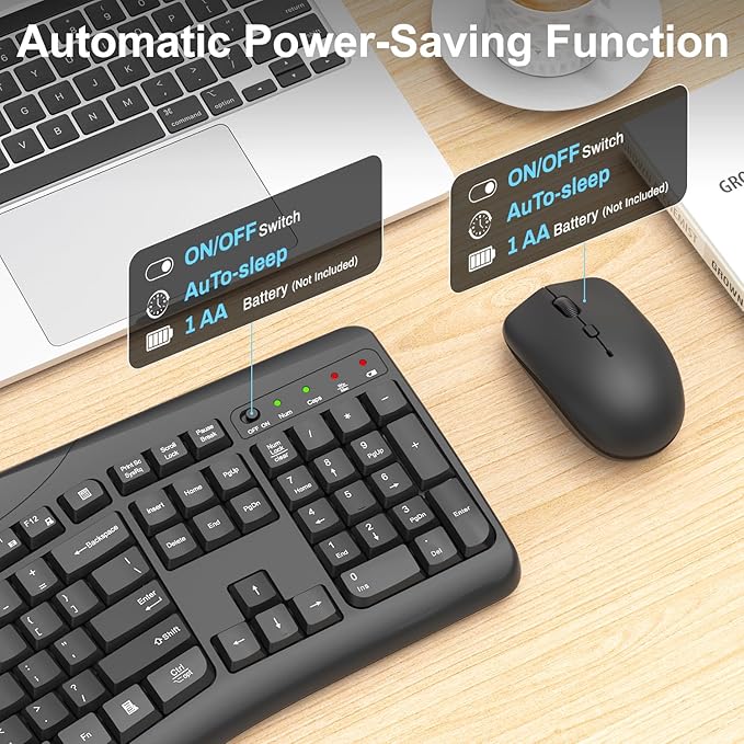 Wireless Keyboard and Mouse Combo, 2.4G Quiet Ergonomic Curved Keys (Black)