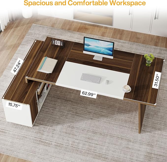 Tribesigns L-Shaped Executive Office Desk, 70.5-Inch Mid-Century Modern Executive Desk with Storage Cabinet and Shelves, Large Computer Desk for Home Office, Brown + White