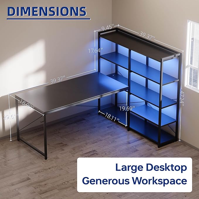 Pamray L Shaped Computer Desk with Reversible Side Storage Shelves, 49 Inch Gaming Desk with Power Outlets and Led Lights, PC Table for Home Office and Bedroom Vintage