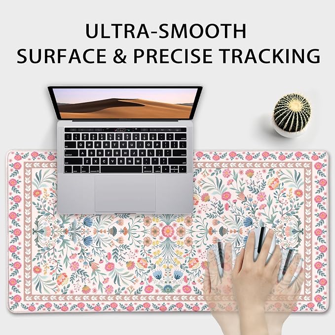 Pink Floral Large Gaming Mouse Pad Desk Mat 31.5"x15.7" | Extended Mousepad, Non-Slip Rubber Base , Stitched Edges, for Computer/Laptop/Office/Home