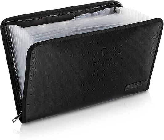 ENGPOW Expanding File Folder,Fireproof 13 Pockets Document Organizer Bag | Accordion File Organizer with Zipper＆Labels,Portable Home Travel Safe Storage for Important Files,Papers,Letter Size,Black