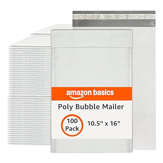 Amazon Basics Poly Bubble Self-Seal Mailers, Water-Resistant, Tear-Resistant, 10.5" x 16", White/Grey, 100-Pack