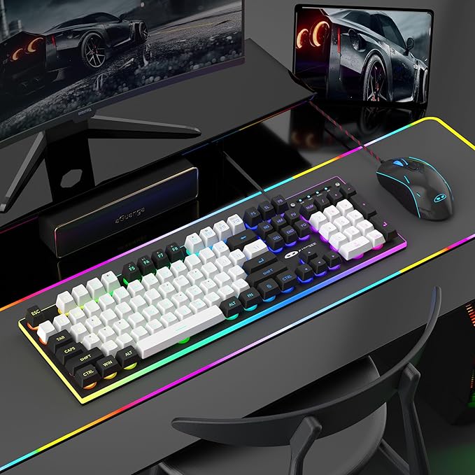 MageGee GT838 Gaming Keyboard and Mouse Combo, 104 Keys RGB Backlit Quiet Wired Keyboards for Laptop PC MAC, with Number Pad, Metal Panel, Anti-Ghosting, White Black