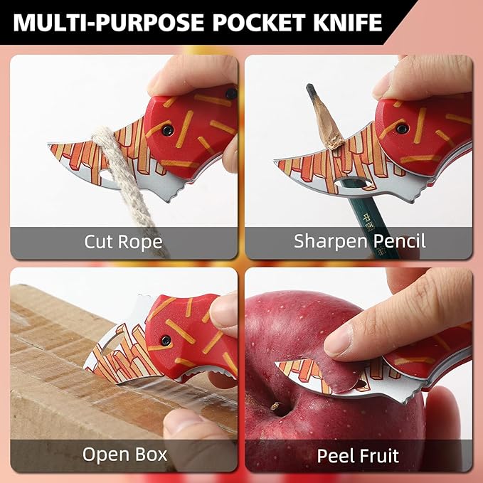 Small Pocket Knife for Women Men，Cute Folding Knife Box Cutter，Folding Utility Knife with 1.38''Sharp Blade，Mini EDC Knives for Everyday Carry,Ideal Gifts for Men and Women（Fries）