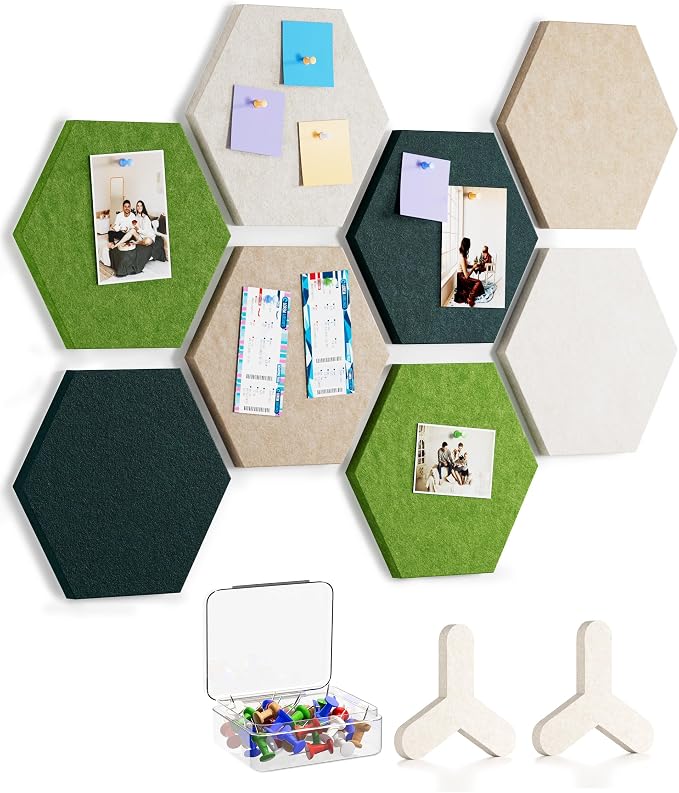 MaxGear Hexagon Bulletin Board, 8Pcs Wall Panels Office Decor Gradual Green | Large Cork Boards For Walls Alternative, Hexagon Felt Wall Tiles Vision Board Pictrure Room Wall Decor With Push Pins