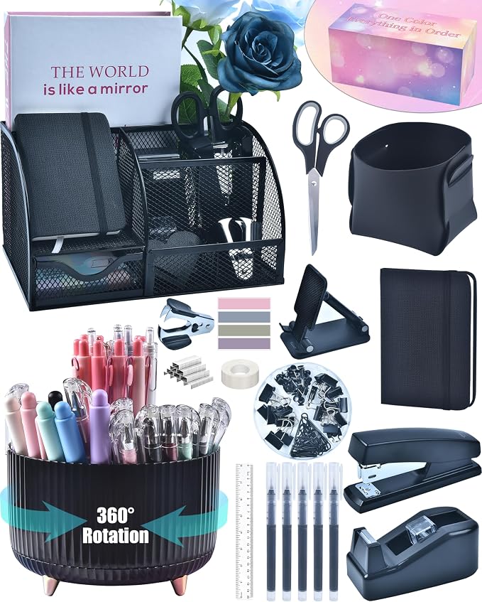 LXEVIHK 20Pcs Black Desk Organizers and Accessories With Mesh Desk Organizer and 360°Rotating Pen Holder and a Lot of Office Black Office Supplies Beautifully Presented in a Gift Box