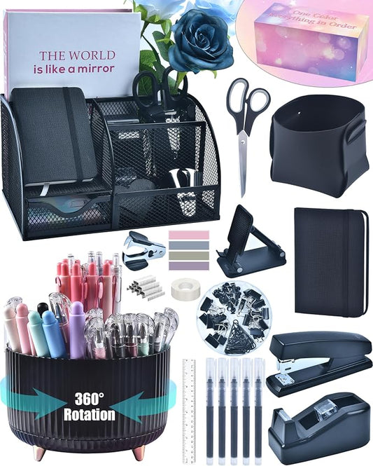 LXEVIHK 20Pcs Black Desk Organizers and Accessories With Mesh Desk Organizer and 360°Rotating Pen Holder and a Lot of Office Black Office Supplies Beautifully Presented in a Gift Box