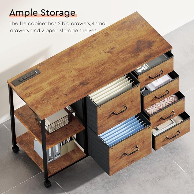 6 Drawer File Cabinet with Charging Station and Open Storage Shelf | Rustic Brown2, Rolling Printer Stand Fabric Lateral Filing Cabinet for Home Office