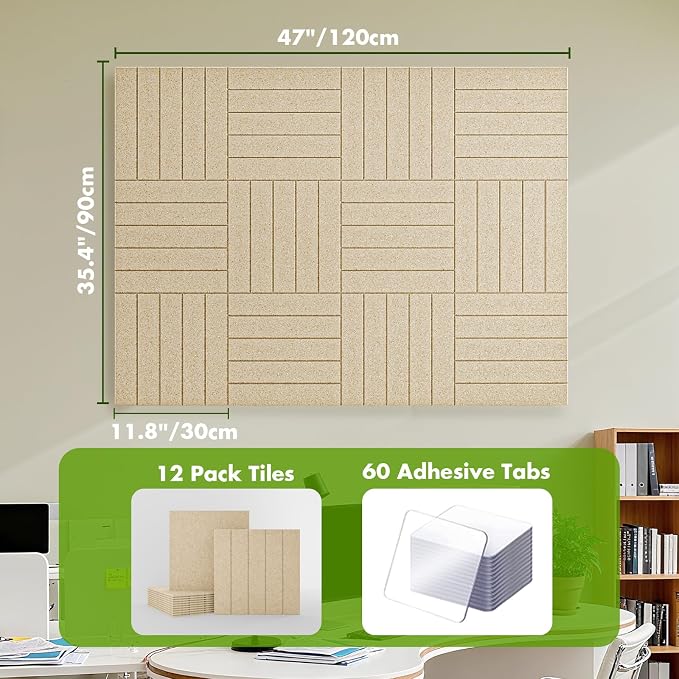 48" x 36" Large Felt Bulletin Board 1/2" Thick, Tan | 12 Pack Felt Tiles, Cork Board Alternative, 60 Adhesive Tabs, Pin Board for Home Office Decor with Easy Install