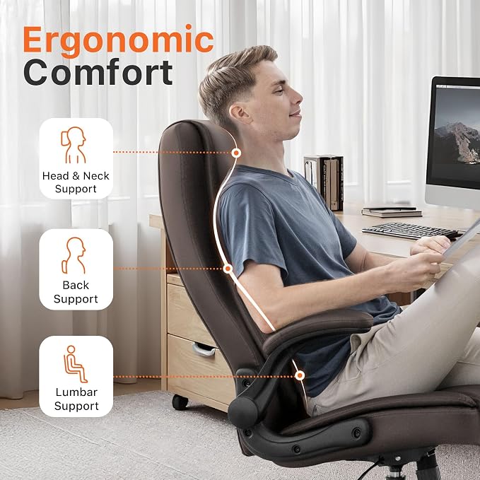 NEO CHAIR Office Desk Chair, High Back PU Leather with Flip-up Arms, Brown | Ergonomic Tall Computer Desk Chair Comfy, Height Adjustable, Swivel Rolling Wheels for Office Home Gaming Study