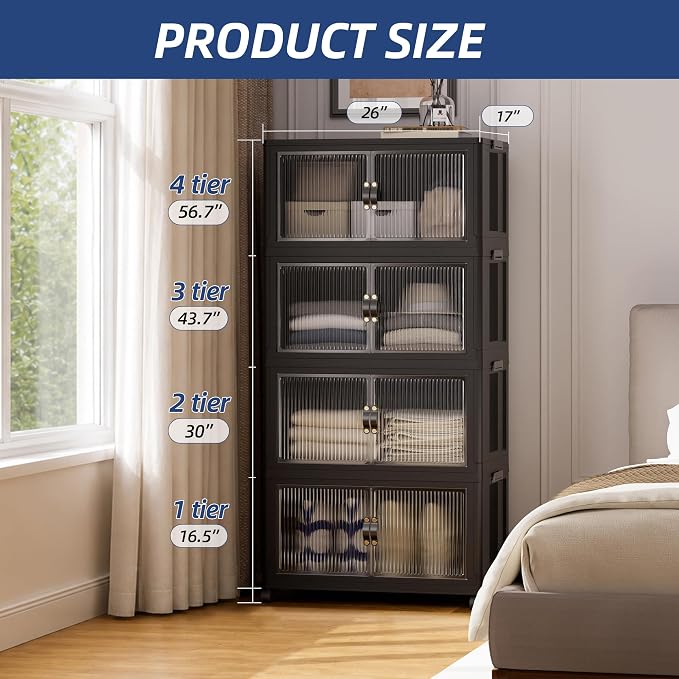 SAILUN 116Gal/464Qt Stackable Storage Bins Folding Collapsible Storage Bins with a Lid, Closet Organizers and Storage,Black 26" W x 17" D x 56.7" H | Stackable Storage Drawers with Lids,26" W x 17" D x 56.7" H,Featuring open-front Access for Clothes an...