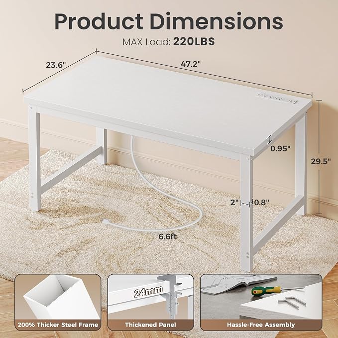 Huuger 48 x 24 inch Desk with Power Outlets & USB-C, Deeper & Thicker Desktop, Robust Metal Tubes, Computer Desk, Heavy Duty Office Desk, Work Gaming Desk for Home Office, White
