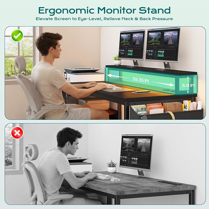 EnHomee 56.5" Office Desk with Drawers & Printer Space for Home Work,Black | Computer Desk with 3 AC Outlets& 2 USB Ports,Waterproof LED Strip Lights,Monitor Stand & Side Pockets,Home Office,Bedroom