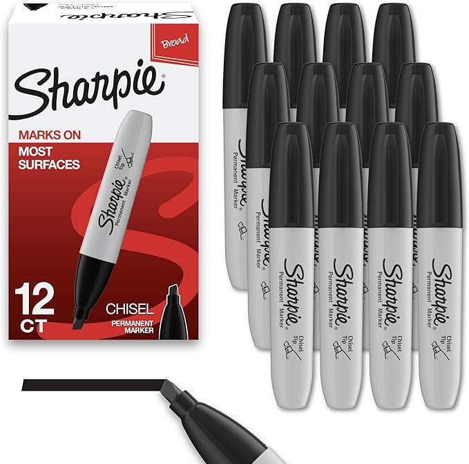 Sharpie Permanent Markers, Chisel Tip, Black, 12 Count - Home, School, Office Supplies