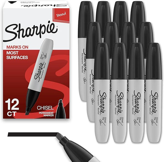 Sharpie Permanent Markers, Chisel Tip, Black, 12 Count - Home, School, Office Supplies