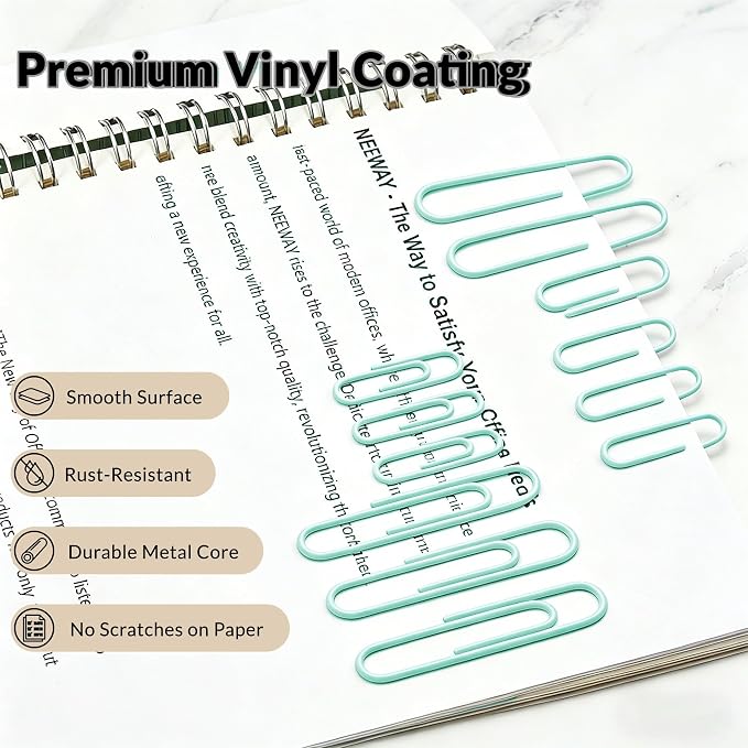 NEEWAY 450pcs Paper Clips Assorted Sizes, Small and Large Paper Clips (1.1 inch, 2 inch), Coated Paperclips for Office School Document Organizing (Light Green)