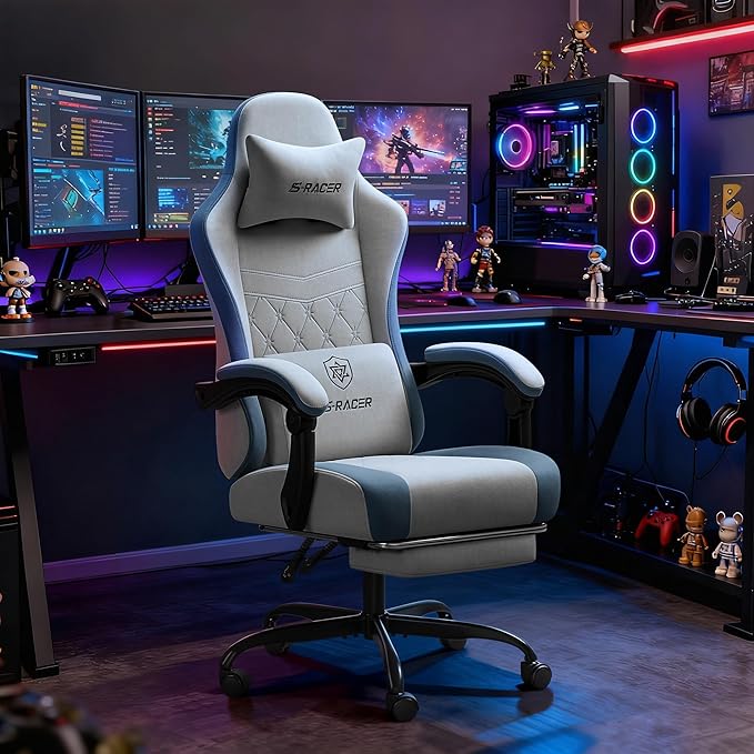 Homall Gaming Chair with Massage & Footrest, Ergonomic Computer Office Chair, High-Back Racing Style Reclining Chair with Adjustable Lumbar Support, Breathable Tech Fabric for Adults (Grey)