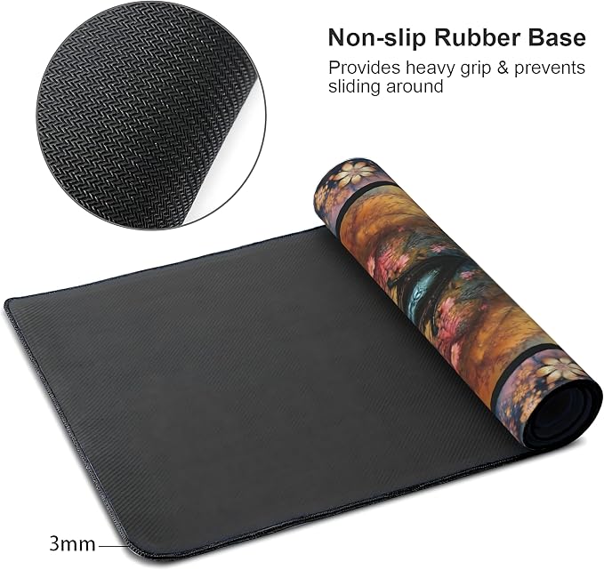 Floral Aesthetic Daisy Gaming Mouse Pad, Gold Blue Rug Desk Mat with Anti-Slip Base & Stitched Edges,35.4" x 15.7" in Table Mat for Computer Desktop, Beautiful Workstation Decor