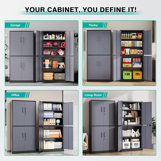 Metal Storage Cabinets with Doors and Shelves,71" Metal Garage Storage Cabinet with Lock,Gray Steel Cabinet with Locking Doors,4 Door Lockable Cabinets for Garage,Home,Office