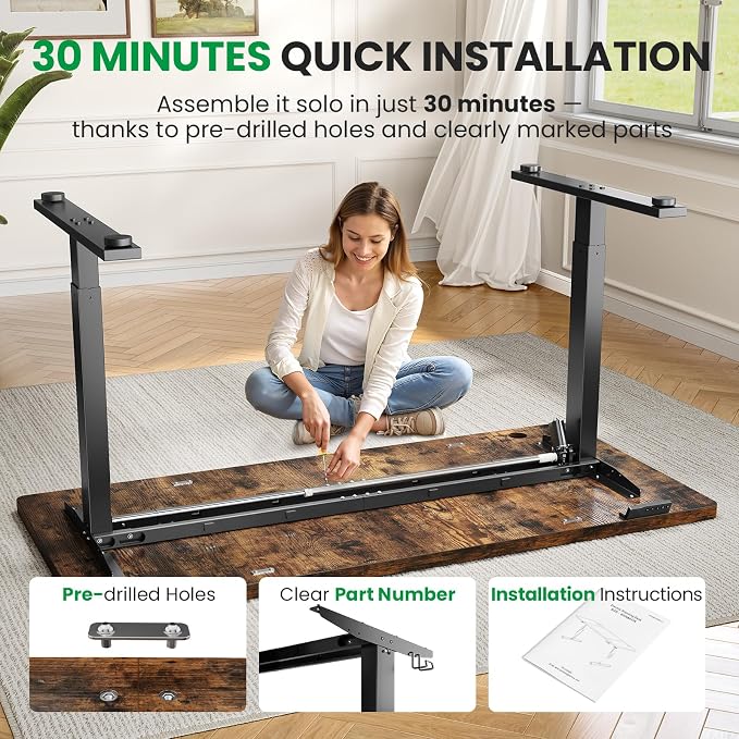 Brown 63x30 in Electric Standing Desk, 1 Inch Thick Tabletop | Double Beam Frame, Holds 220lbs, Sit Stand, 3 Memory Height Adjustment, Extra Deep Table Top, Black Frame