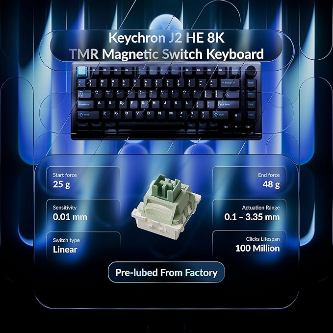 Keychron J2 HE TMR Wired Gaming Keyboard Volume Knob, 8000Hz Rapid Trigger Launcher Web with RGB Hot-Swappable Ultra-Fast Lime Magnetic Switch, Non-Shine-Through PBT for Mac Windows Linux - 75% Layout