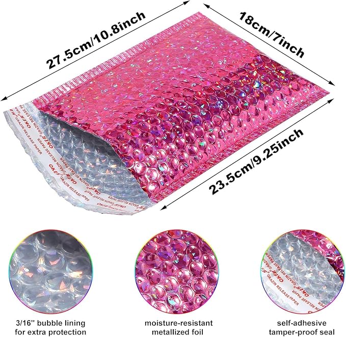30 Pieces Holographic Bubble Mailers Padded Mailer Holographic Bubble Mailers Padded Envelopes Self Sealing Cushion Envelopes for Mailing, Shipping and Packing(Rose Red, 11 x 7 Inch)