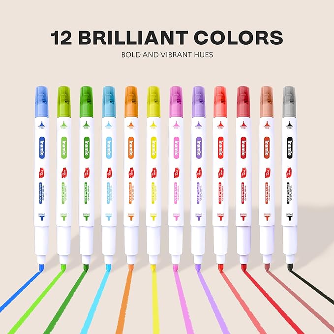 inamio Dry Erase Markers for Whiteboard – Ultra Fine Tip White Board Markers – Dual Tip, Pastel Colors - Fine Point Erasable Markers - 12 Set