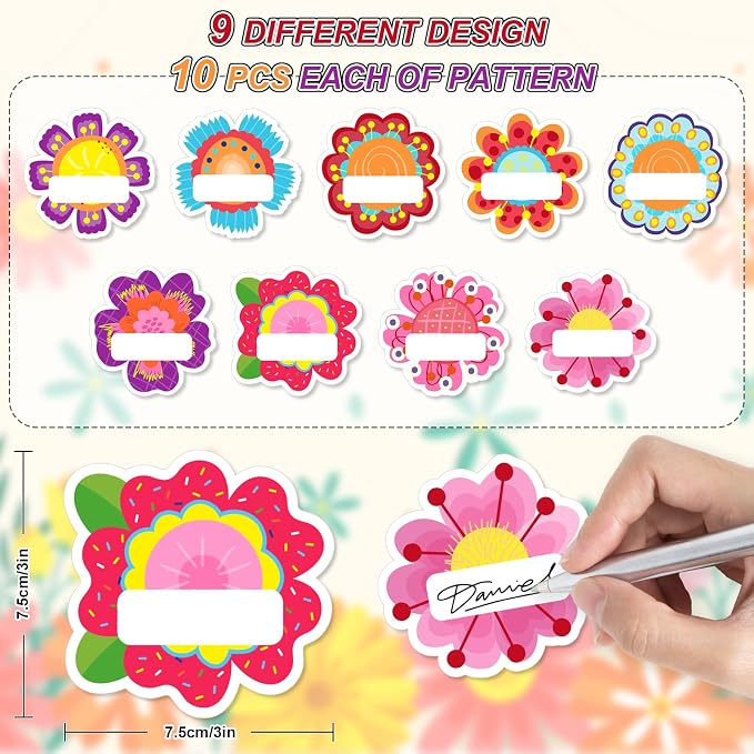 Whaline 90 Pcs Back to School Floral Name Tag Stickers Colorful Funny Flower Shape Nameplates Self-Adhesive Label Decals for Students Desk Classroom, 9 Designs