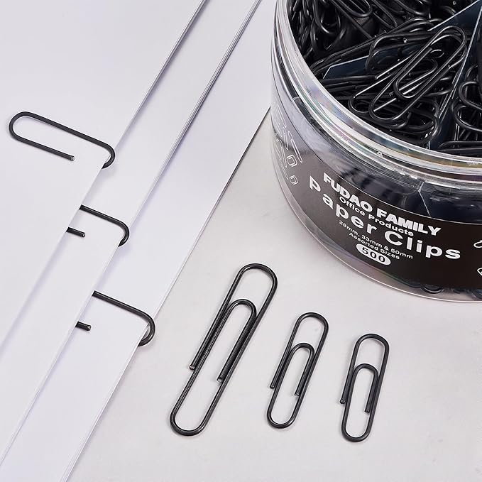 FUDAO FAMILY 500pcs Paper Clips Assorted Sizes, Small, Medium and Large（1.1inch, 1.3inch and 2inch Paper Clips, Vinyl Coated Paperclips for Office, School, Home Supplies (Black)