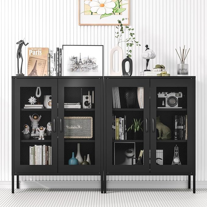 Washsemba Metal Storage Cabinet with Mesh Doors and Shelves,Multipurpose Storage Rack, 3-Tier Office Cabinet,Metal Locker Style Accent for Home Office,Living Room,Kitchen (Black-mesh, 40''H)