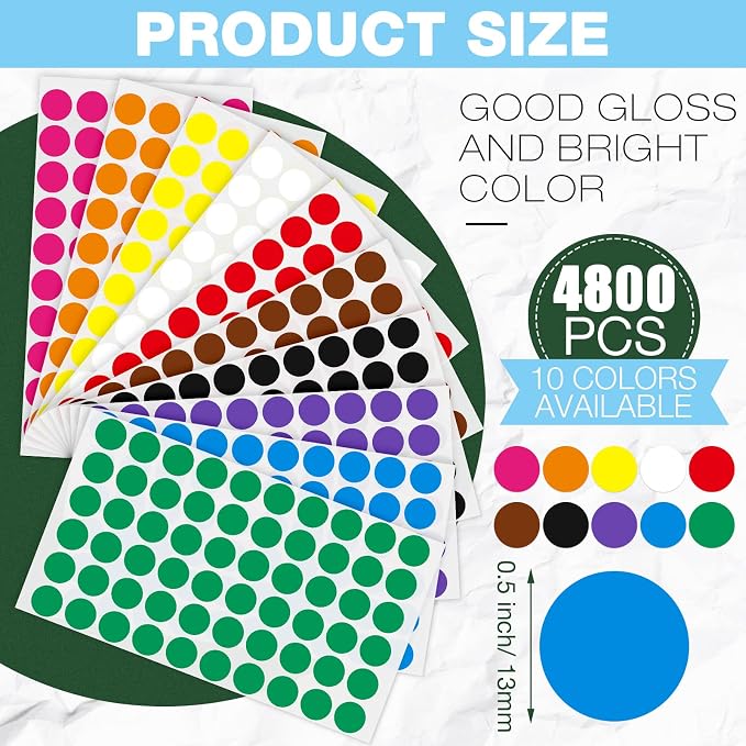 Epakh 4800 Pieces 1/2 Inch Colored Dot Stickers Round Labels 10 Colors | Circle Labels for Marking Organizing, Color Coding Adhesive, For Office Classroom Home Storage, Easy Peel Application