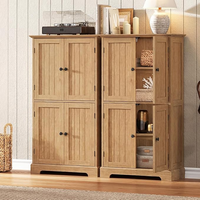 ChooChoo Bathroom Floor Cabinet with Adjustable Shelves | Bathroom Storage Cabinet, 4 Doors, Freestanding Cupboard for Living Room, Natural