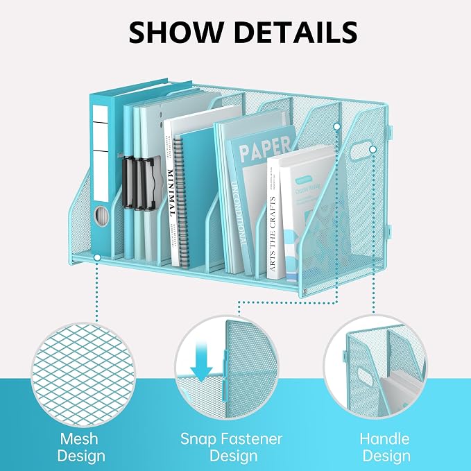 Binder Organizer, Magazine File Holder with 5 Vertical Rack, Blue | Metal Desk File Organizer & Binder Holders, Magazine Organizers for Office Desktop, Home, School, Classroom