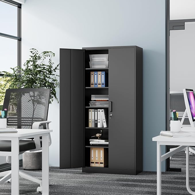 Fesbos Metal Storage Cabinet-71” Tall Steel File Cabinets with Lockable Doors and Adjustable Shelves-Black Steel Storage Cabinet for Home, School, Office, Garage