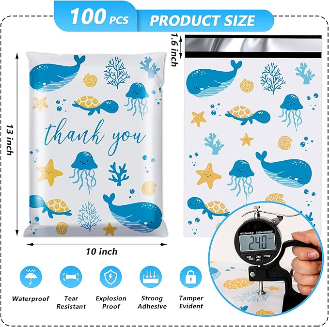 Thank You Poly Mailer 10x13 Inch 100 Pcs, Waterproof and Tear-Resistant Shipping Bags for Clothing, Strong Mailing Bags with Self-Seal, Cute Packaging Bags for Small Business - Ocean