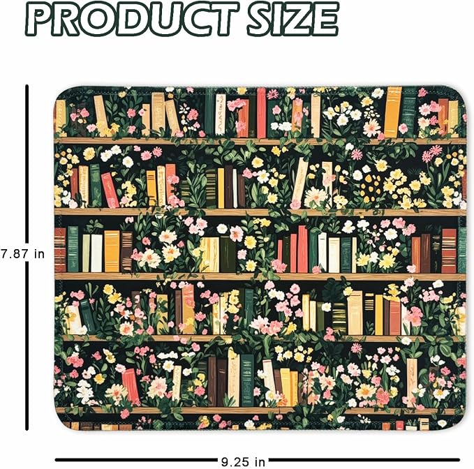 Mouse Pad for Desk with Stitched Edge, Premium Cute Washable Mouse Pads. Computer Mousepad with Non-Slip Rubber Base, Mousepads for Laptop, 9.25x7.75x0.12 inch (Bookish Blooms)