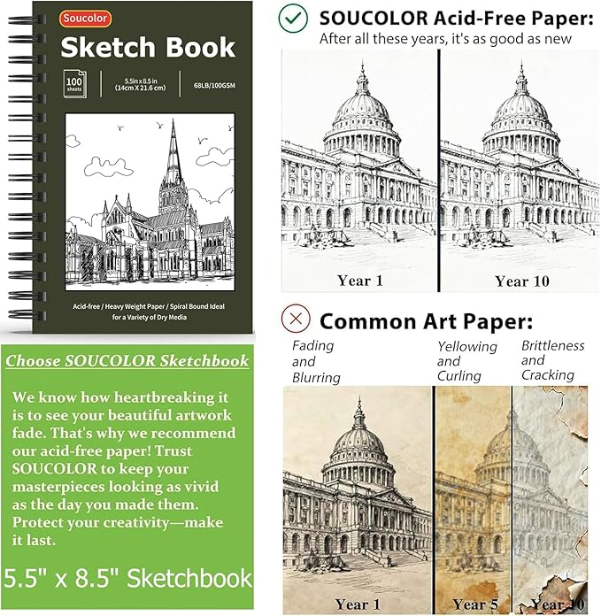 Soucolor 5.5" x 8.5" Sketchbook Pack of 2, 200 Sheets Blank Journal Notebook, A5, Spiral Bound Sketch Pad Drawing Book Acid-Free Paper (68lb/100gsm), Painting Sketching Drawing Notebook Art Supplies