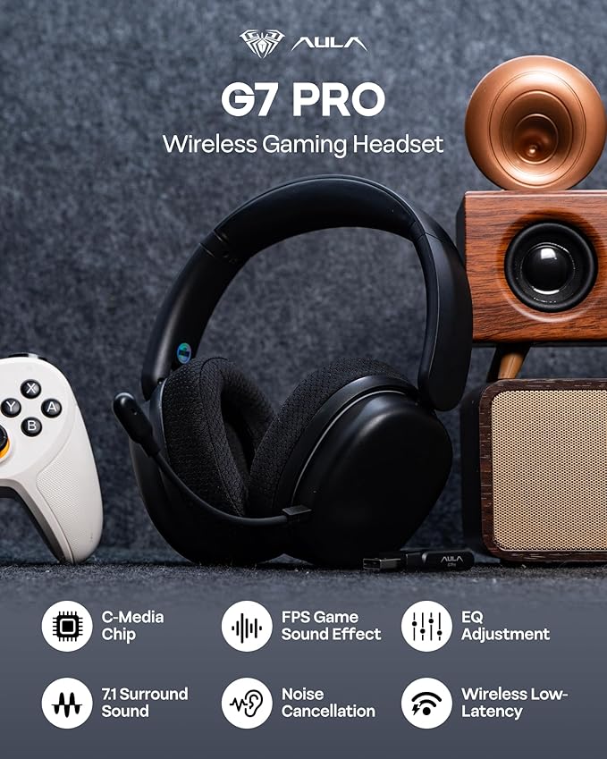 EPOMAKER X Aula G7 Pro Wireless Gaming Headset, Dual Mode BT5.3 & 2.4GHz, 7.1 Surround Sound, 80+ Hour Battery, RGB Light, with Noise Canceling Mic for PS5, PS4, Switch, PC (Black)