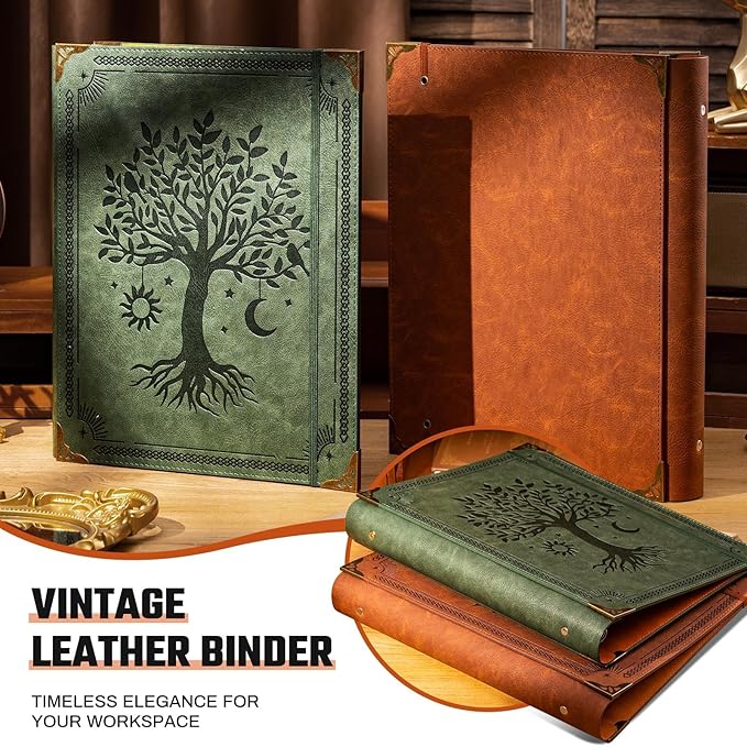 PU Leather 3 Ring Binder Fits 8.5"x11" Letter Size Paper, 1.5 Inch Round Ring Binder Holds 350 Sheets, Notepad Paper Cover Loose Leaf Organizer, Brown Tree