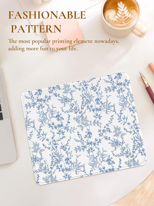 Elegant Blue Flowers Mouse Pad, Waterproof Aesthetics Floral Mouse Pads Design, Non-Slip Rubber Base Computer Simple Funny Mousepad,Small Mouse Mat Desk Accessories Office Supplies