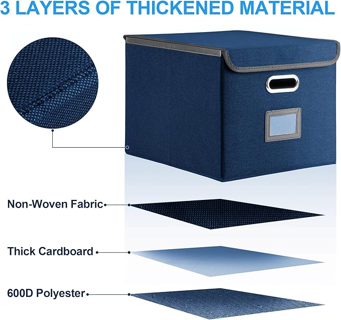 Collapsible File Box with Lid & Plastic Slide - Hanging Document Organizer for Office/Home, 14.96x12.6x10.83 Inch,Decorative Home File Bin,Blue, 1 Pack (No Folders Included)