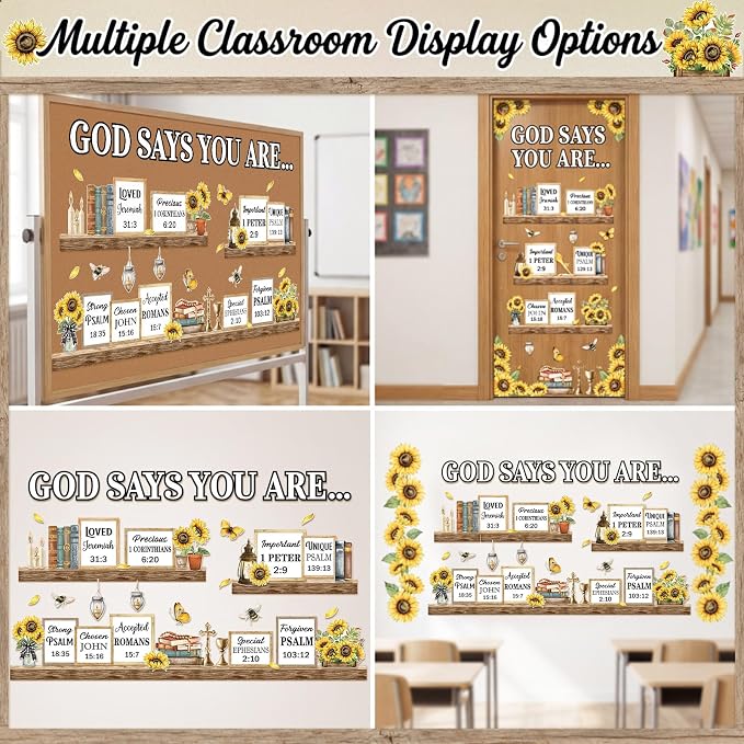 Qilery Sunflower Faith Bulletin Board Decor Cardstock Religious Cutouts | Sunflower Bulletin Board Borders & Letters, Christian Office Inspirational & Church Classroom Decor Kit, Adhesive Dots