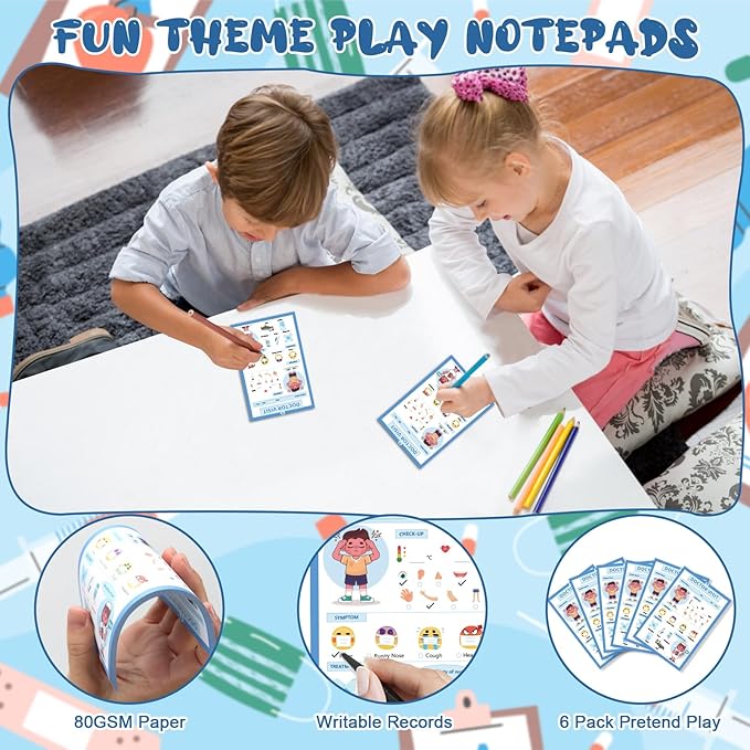 Kids Pretend Play Notepads 4X6 In Pretend Play Notebooks Playtime Notepads Variety Role Play Game Accessories Pages Each for Kids Toddlers 3-5(6,Blue Doctor Visit)