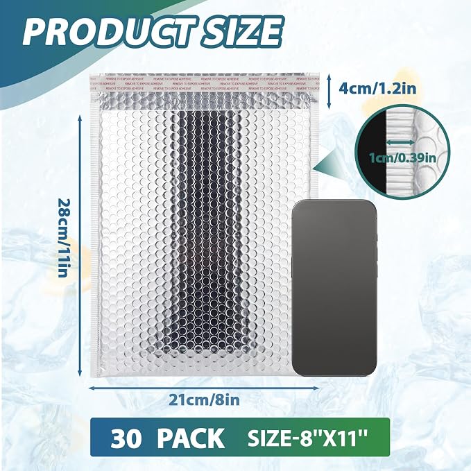 30 Pack 8 x 11 Inch Insulated Bubble Mailers, Silver | Self Seal Closure, Foil Lined Interior, Padded Cushioning, Waterproof, Cold Delivery Packing, For Food And Cosmetics