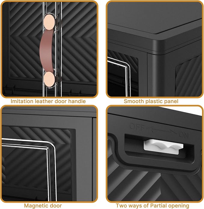 480QT Stackable Storage Bins with Lids, Doors & Wheels | Closet Organizers and Storage Cabinet , Lockable Plastic Foldable Drawers for Bedroom Dorm Office Garage（120QT*4,Black）