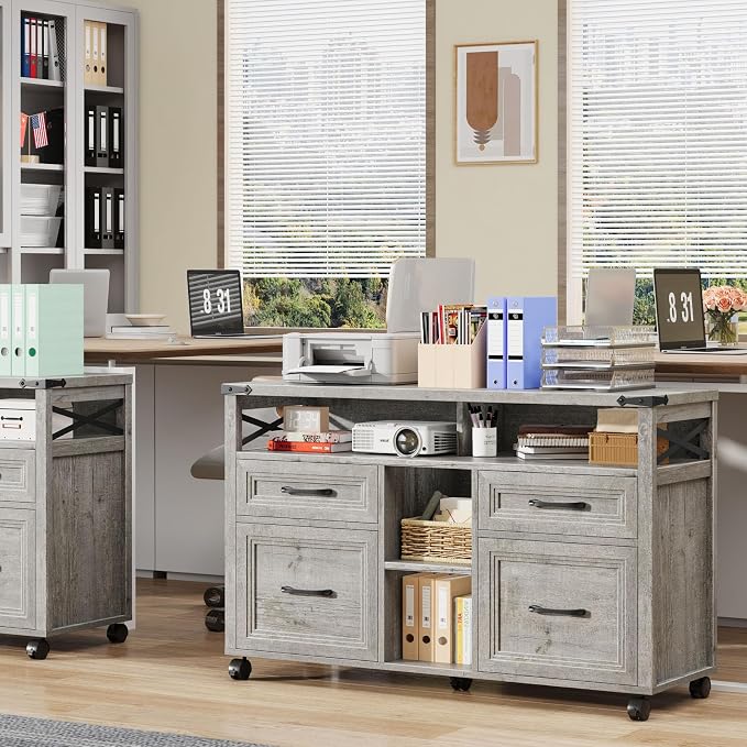 Halitaa Farmhouse Filing Cabinet with Adjustable Shelf & Wheels, Grey | Lateral File Cabinets, Office Storage Cabinet with 4 Drawers, Open Storage Space, for Hanging Files A4/Letter for Home Office